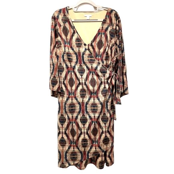 Cato Abstract Pattern 3/4 Bell Sleeve V-Neck Wrap Dress Brown Blue Size 14 - Picture 1 of 12